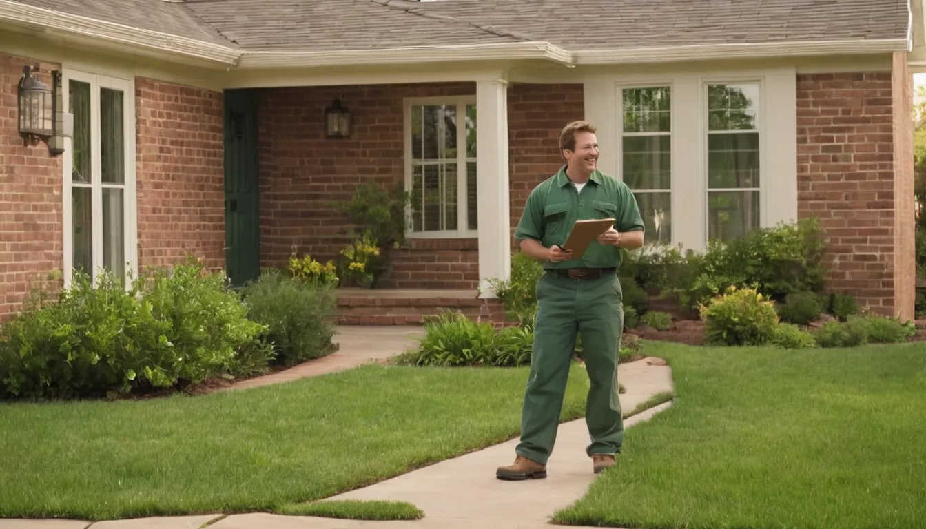 A friendly pest control provider talking with a homeowner at the front door of a ranch-style home in Joliet